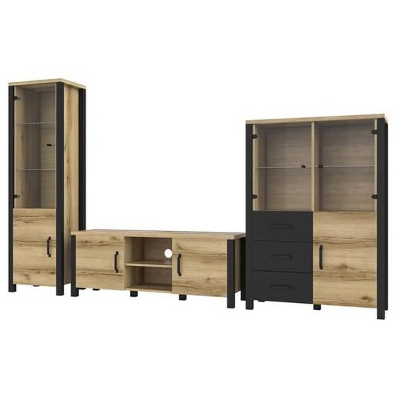 Ensemble de 3 meubles de salon collection DARWIN. Couleur chêne clair et noir. 147x57x43 Marron