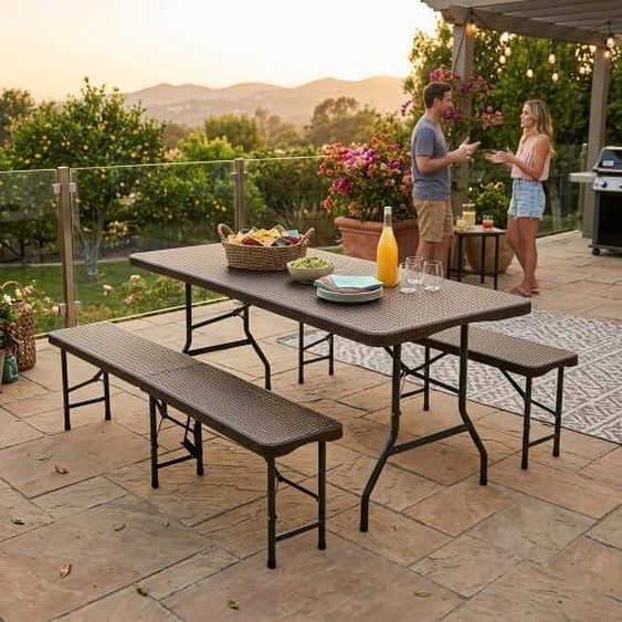 Ensemble de 3 pièces pour bière, pliable, en plastique HDPE. Ensemble de tables pour bière, idéal pour le camping, le jardin et les terrasses. Ensemble de tables pour tente événementielle, avec motif floral, imperméable et résistant aux intempéries. (Brun