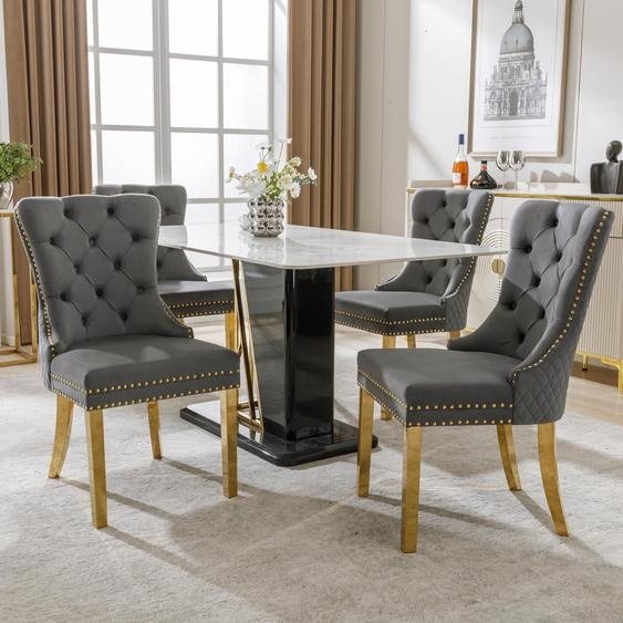 Ensemble de 4 chaises de salle à manger avec anneaux ronds, détails en forme de têtes de clous, revêtement en velours, pieds dorés, couleur gris