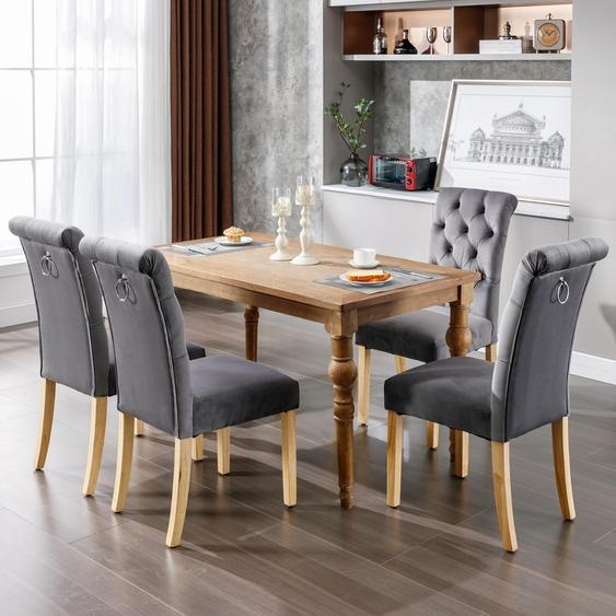 Ensemble de 4 chaises de salle à manger en velours, pieds en chêne, clous chromés, couleur gris