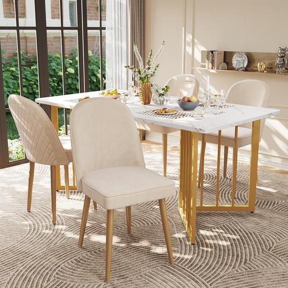 Ensemble de 4 chaises de salle à manger modernes, couleur beige, revêtues de velours, avec des pieds en métal doré. Dimensions : 45,5 x 62 x 87,5 cm. Couleur : beige