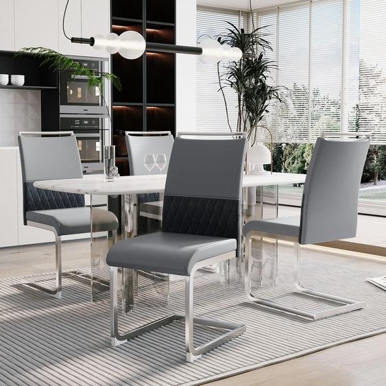 Ensemble de 4 chaises de salle à manger, revêtues en similicuir PU, tissu imitation lin, dossier haut rembourré, design à rayures horizontales, couleur grise, dimensions : 42 x 48 x 95 cm