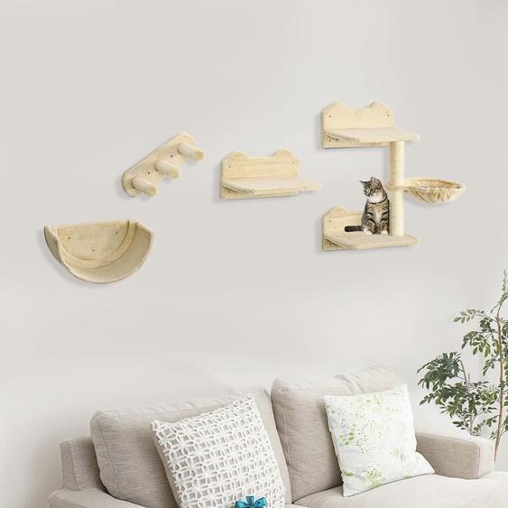 Ensemble de 4 éléments pour mur descalade pour chat, à fixer au mur : arbre à chat mural, hamac, plate-forme et poteaux en sisal, en aggloméré et polyester, beige | 40 x 28 x 73 cm | 10,3 kg