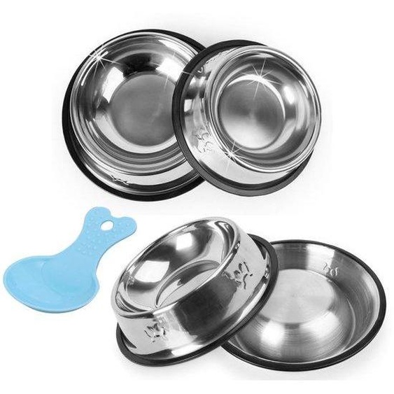 Ensemble de 4 gamelles en acier inoxydable pour chats et petits/moyens chiens, avec base antidérapante, pelle à nourriture en plastique, dimensions : 10,5 x 15,5 x 4 cm, compatibles lave-vaisselle et résistantes au gel