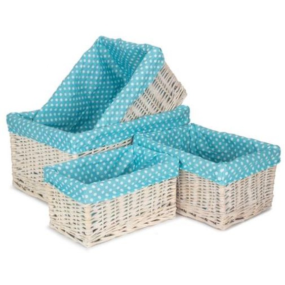 Ensemble de 4 paniers de rangement ouverts en osier doublés à pois bleus