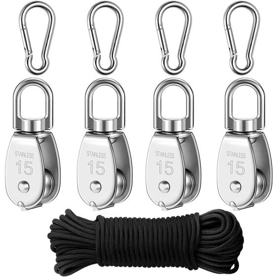 Ensemble de 4 poulies de guidage en acier inoxydable, avec mousqueton et câble de traction