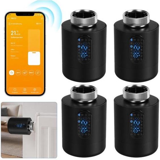 Ensemble de 4 thermostats pour radiateurs Eikuavons, contrôleur de chauffage WiFi noir, compatible avec les applications Smart Life/Tuya, avec fonction de sécurité pour enfants, et comprenant 7 adaptateurs