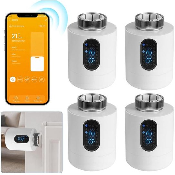 Ensemble de 4 thermostats pour radiateurs Eikuavons, thermostats intelligents Wi-Fi de couleur blanche, contrôle via application sans passerelle, avec 7 adaptateurs par thermostat