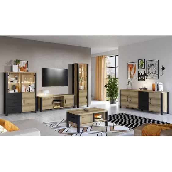 Ensemble de 5 meubles de salon collection DARWIN. Couleur chêne clair et noir. 90x42x56 Marron - Bois