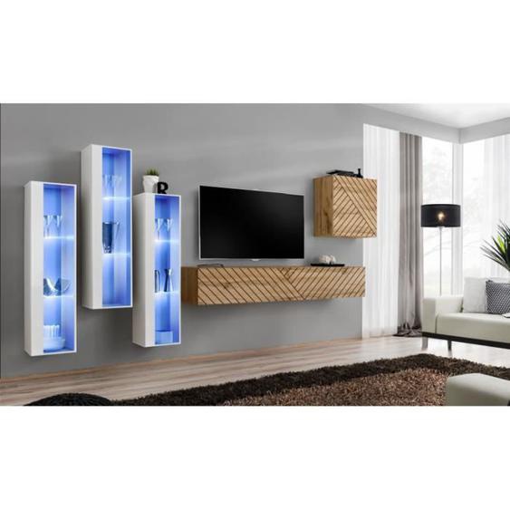 Ensemble de 5 meubles muraux pour TV en bois - AC-DÉCO - Switch XIII - Blanc - Beige - Brillant