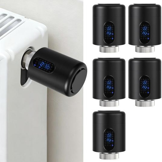 Ensemble de 5 thermostats pour radiateurs Peviasot, contrôleur de chauffage WiFi noir, compatible avec les applications Smart Life/Tuya, avec fonction de sécurité pour enfants, et comprenant 7 adaptateurs