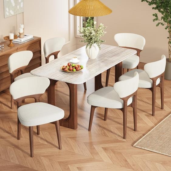 Ensemble de 6 chaises de salle à manger en bois massif, revêtues en chenille, couleur beige clair