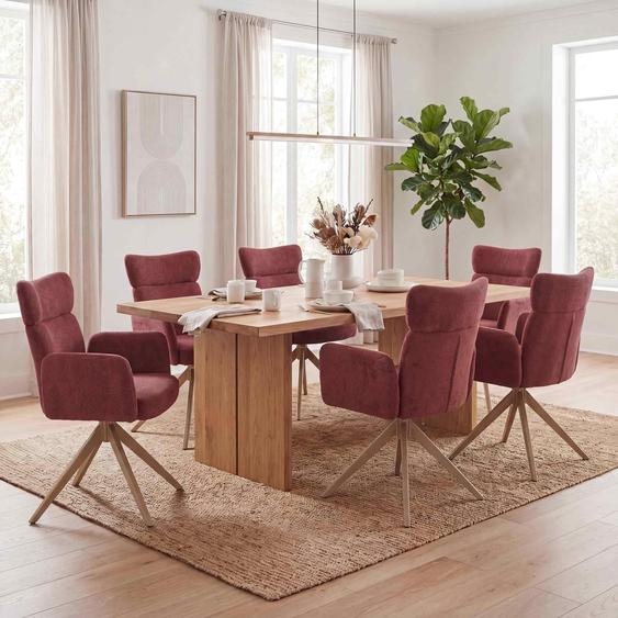 Ensemble de 6 chaises de salle à manger HWC-N11, chaise pivotante avec retour automatique, revêtue en tissu bouclé 350g/m² Öko-Tex, couleur bordeaux, pieds imitation bois