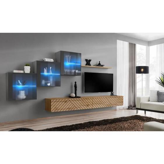 Ensemble de 6 meubles muraux pour TV en bois - Beige et Gris - AC-DÉCO - Switch XX - 5 portes - LED Bleu