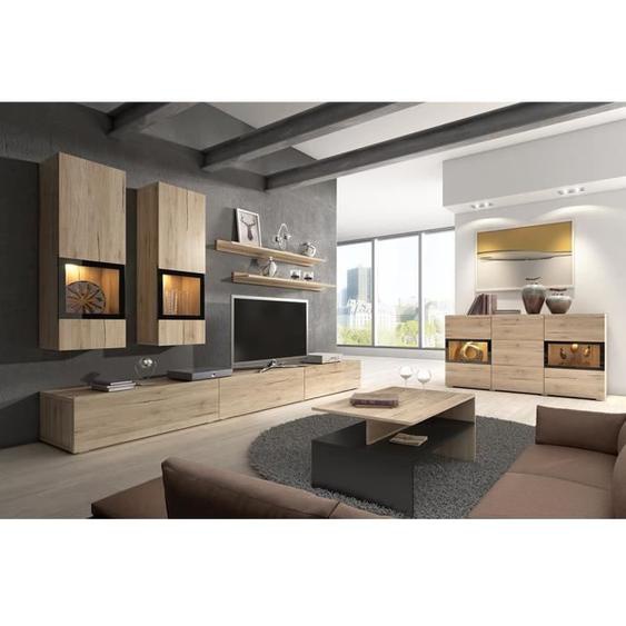 Ensemble de 7 meubles de salon collection RAMOS. Couleur chêne et noir. 100x60x45 Marron