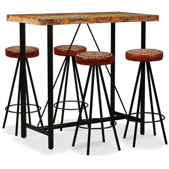 Ensemble de bar 5 pcs - vidaXL - Bois de récupération - Cuir véritable - Toile - Noir