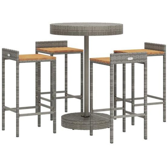 Ensemble de bar de jardin meuble exterieur terrasse 5 pieces gris poly rotin/bois massif acacia