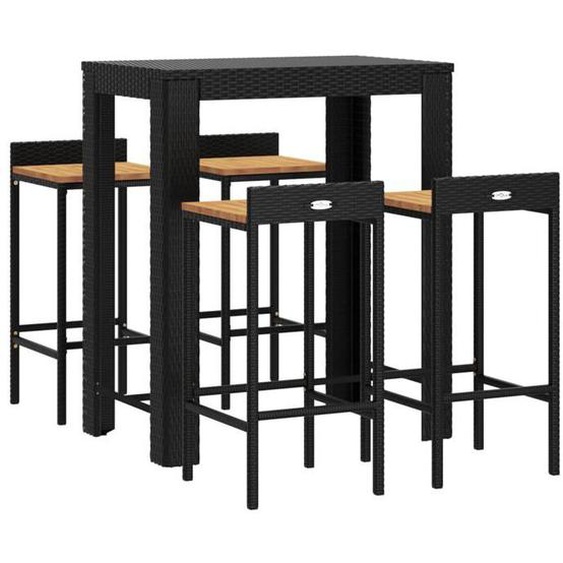 Ensemble de bar de jardin meuble exterieur terrasse 5 pieces noir poly rotin/bois massif acacia