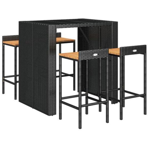 Ensemble de bar de jardin meuble exterieur terrasse 5 pieces noir poly rotin/bois massif acacia