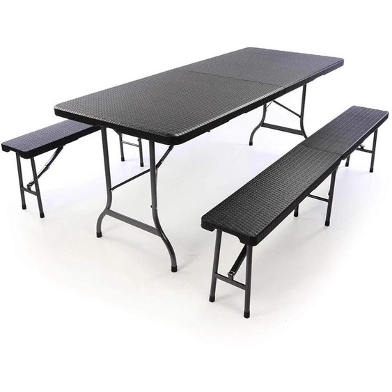 Ensemble de brasserie 180 cm, 1 table, 2 bancs - Ensemble de table pliante pour lextérieur - Pliable - Structure en fer - Surface en PVC - Pour jusquà 8 personnes - Rectangulaire - Noir