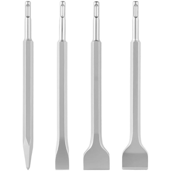 Ensemble de burins SDS Plus - Kit de 4 burins pour marteau-piqueur - comprenant un burin pointu, un burin plat et un burin à pointe large - en acier allié 40Cr traité thermiquement - pour le démolition de béton et de briques