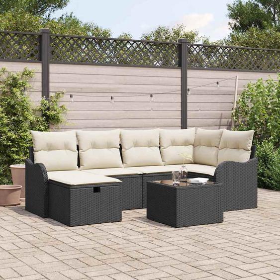 Ensemble de canapé de jardin 7 pcs Noir et crème Poly rotin