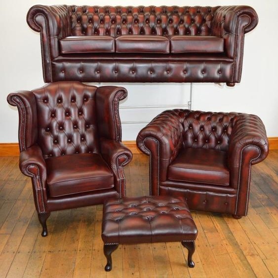Ensemble De Canapés Fauteuil À Oreilles Chesterfield Canapé En Cuir Tabouret Set 4 Pcs