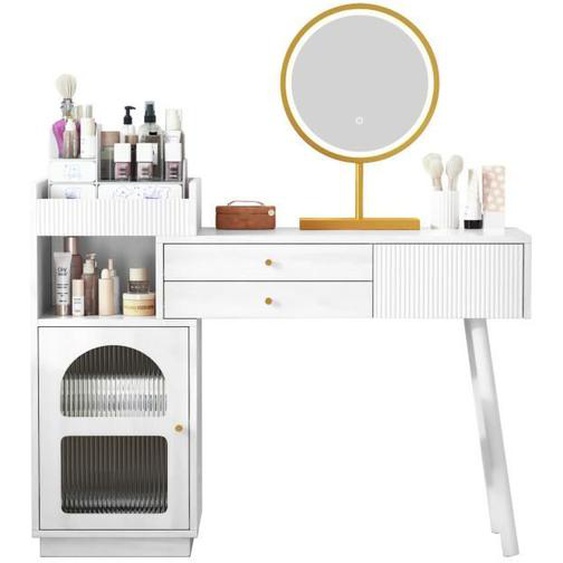 Ensemble de coiffeuse élégant avec miroir LED 3 couleurs, coiffeuse en bois à 3 tiroirs