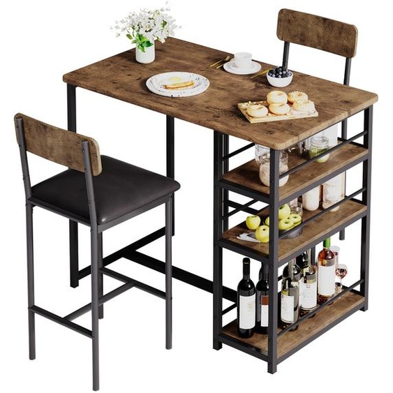 Ensemble de coin repas - 3 pièces, gain de place, comprenant une table et 2 chaises rembourrées - Marron