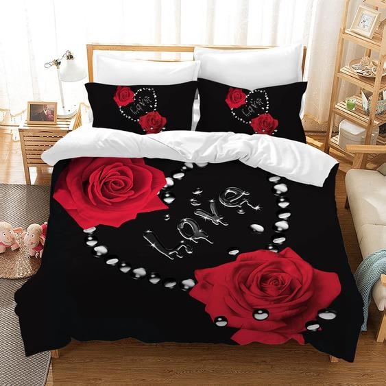 Ensemble de couette 3D avec fermeture à glissière, comprenant une couette et deux taies doreiller, motif floral (roses)