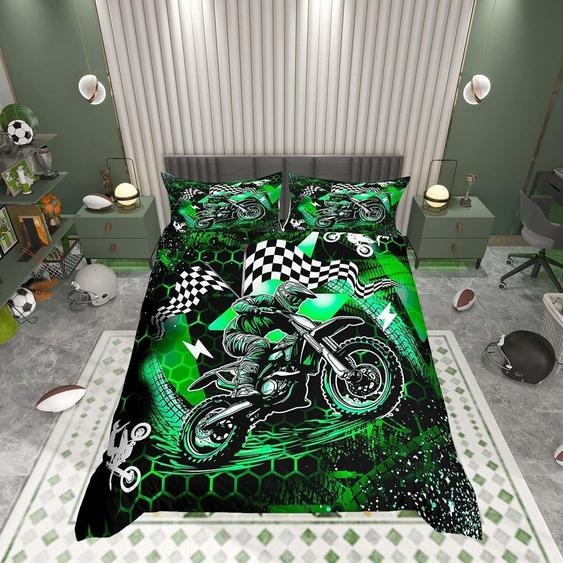 Ensemble de couette pour enfants - 2 pièces, motif motocross, vert et noir