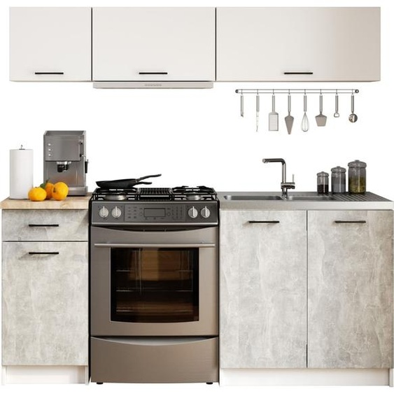 Ensemble de cuisine : un tiroir, six portes, six étagères, couleur : blanc | béton, dimensions du meuble : l : 180 cm, H : 174 cm, P : 46 cm