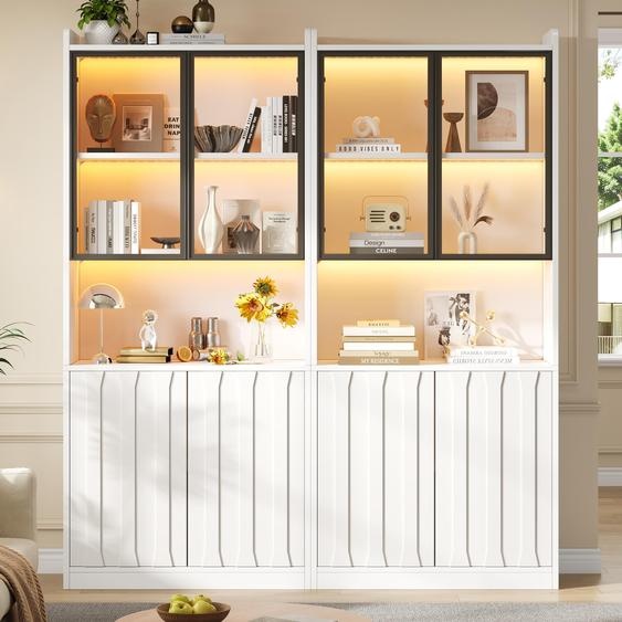Ensemble de deux armoires vitrines, dimensions 160x35x200 cm, 8 portes dont 4 portes en verre, 10 compartiments de rangement, étagères réglables, éclairage LED Bluetooth, système douverture par simple pression, couleur blanche