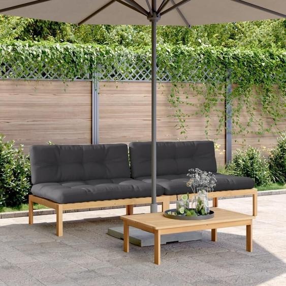 Ensemble de deux bancs de jardin en bois, avec des coussins anthracite confortables et une structure en lattes