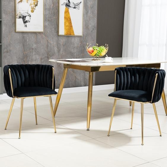 Ensemble de deux chaises de salle à manger en velours de luxe, avec pieds en métal doré, tissage artisanal, coussins moelleux, couleur noire, dimensions : 55,5 x 41 x 74 cm