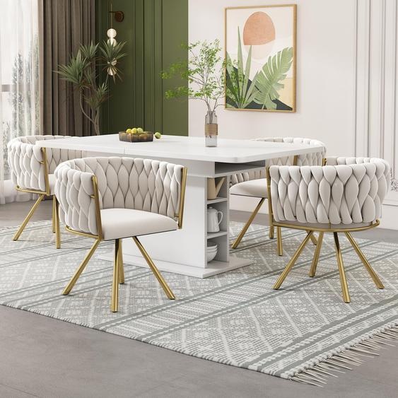 Ensemble de deux fauteuils de salle à manger en velours, fauteuil rotatif de luxe en beige clair, idéal pour le salon ou la chambre, fauteuil rotatif de loisirs avec quatre pieds en métal, disponible en beige et or