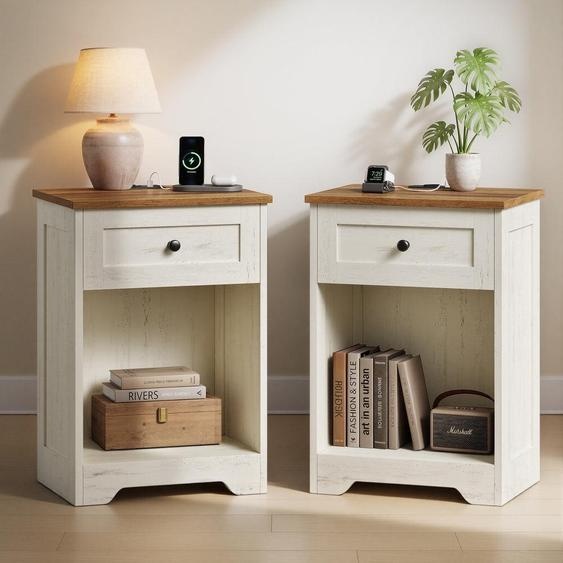 Ensemble de deux tables de chevet avec prise électrique | Blanc nuageux, marron terre | 40x30x59 cm