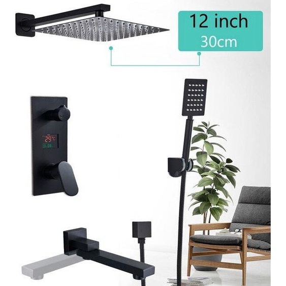 Ensemble de douche à effet pluie - avec pare-douche à LED - noir - en ABS et acier inoxydable