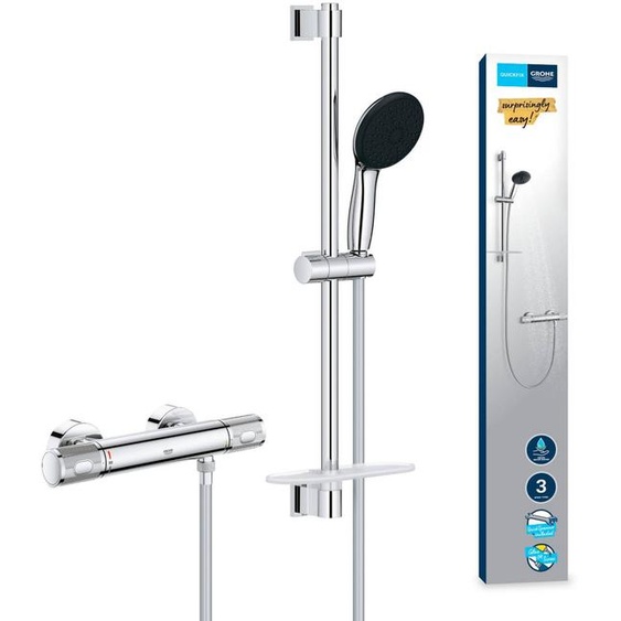 Ensemble de douche avec mitigeur thermostatique. Pommeau de douche 3 jets. Barre de douche de 60 cm et flexible - GROHE 34791001 - Économie deau - Chrome