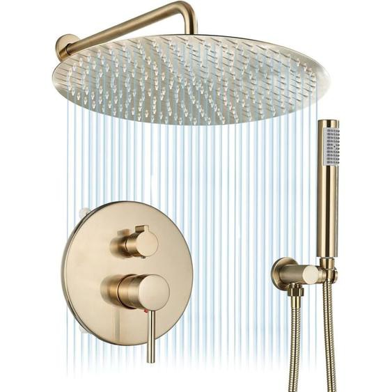 Suguword - Ensemble de douche encastrable doré brossé 25cm25cm Système de douche 2 fonctions mitigeur de douche avec rond ultra fin pommeau de douche