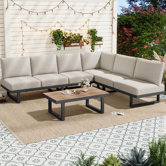 Ensemble de fauteuils de jardin – Canapé dangle et chaise longue dextérieur, convertible en lit de repos, table basse incluse, acier galvanisé, ensemble de mobilier de jardin modulaire, gris-beige