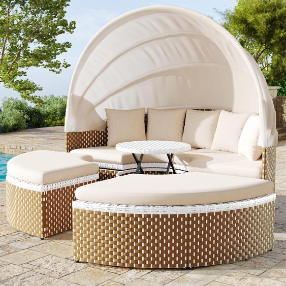 Ensemble de fauteuils de jardin, îlot de détente, ensemble de table et chaises de jardin en rotin, fauteuil-lit de jardin en forme de coquillage, auvent extensible, plateau de table relevable, beige, avec tous les coussins et coussins dassise inclus