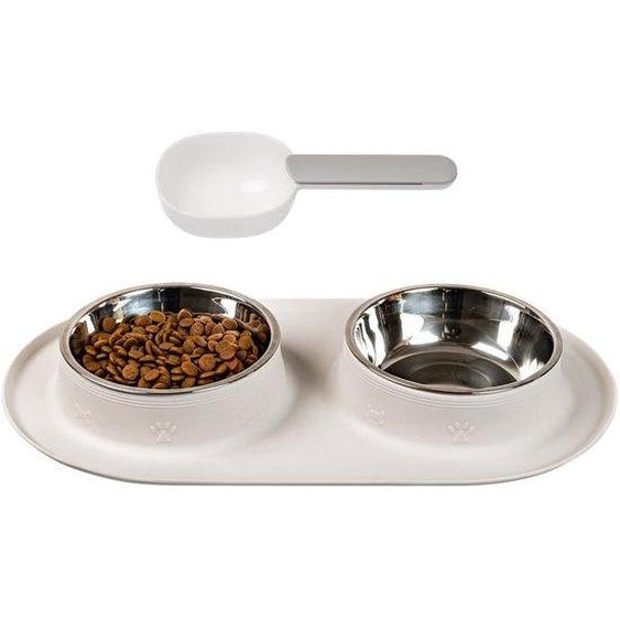 Ensemble de gamelle et de tapis antidérapant Unyqoos®, avec double revêtement, comprenant 2 gamelles en acier inoxydable (Ø 14 cm), dune capacité denviron 180 g / 300 ml, dimensions 23 x 40 cm, et une cuillère – pour chats et chiens
