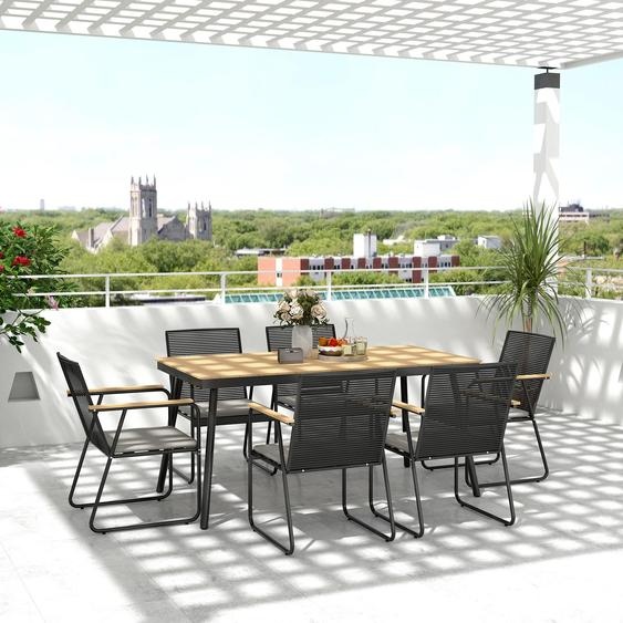 Ensemble de jardin 7 pièces, coin salon pour 6 personnes, métal et bois aggloméré, bois naturel | 160 x 85 x 75 cm | 35,5 kg | Dossier en rotin tressé