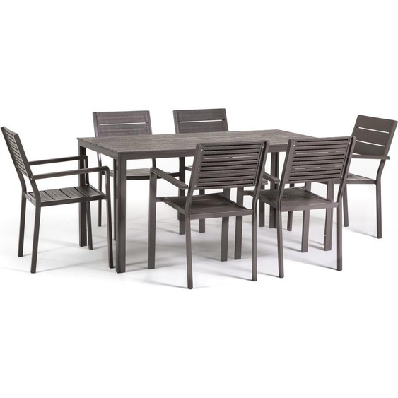 Ensemble de jardin avec table rectangulaire 180×90 cm en acier et polyéthylène imitation bois et 6 chaises empilables - design moderne, robuste et harmonieux pour terrasse, jardin et véranda - THOMAS + ADELE - Taupe