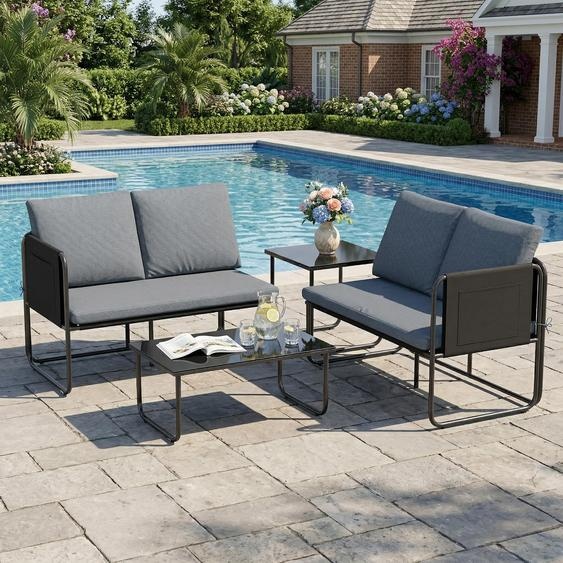 Ensemble de jardin composé de 4 pièces : 2 sofas et 2 tables, en acier, avec revêtement en Textilène, table en verre, coussins amovibles, couleur grise