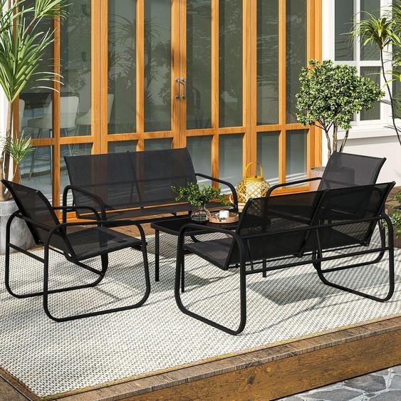 Ensemble de jardin composé de 5 pièces : 2 sofas, 2 fauteuils et une table, en acier, avec revêtement en Textilène, table en verre, couleur noire