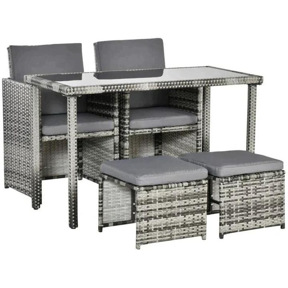 Ensemble de jardin composé de 5 pièces : une table, des chaises et des tabourets | Couleur : gris | Dimensions : 60 x 120 x 72 cm