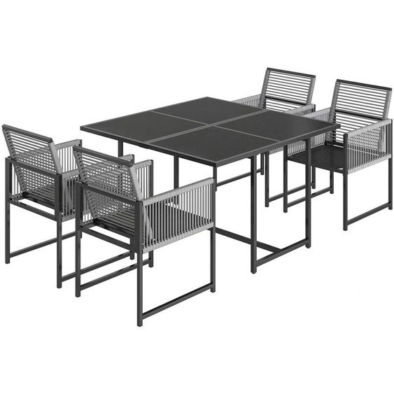 Ensemble de jardin composé de 5 pièces : une table en verre et 4 chaises pliantes. Couleur : gris clair. Dimensions : 120x120x72 cm