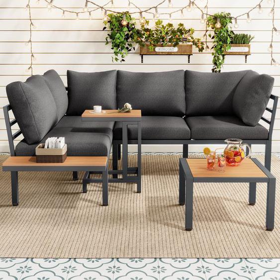 Ensemble de Jardin de 4 avec Canapé Table DAppoint Table Basse et Plateau En Bois SynthéTique Pour Terrasse et Jardin Gris+Noir